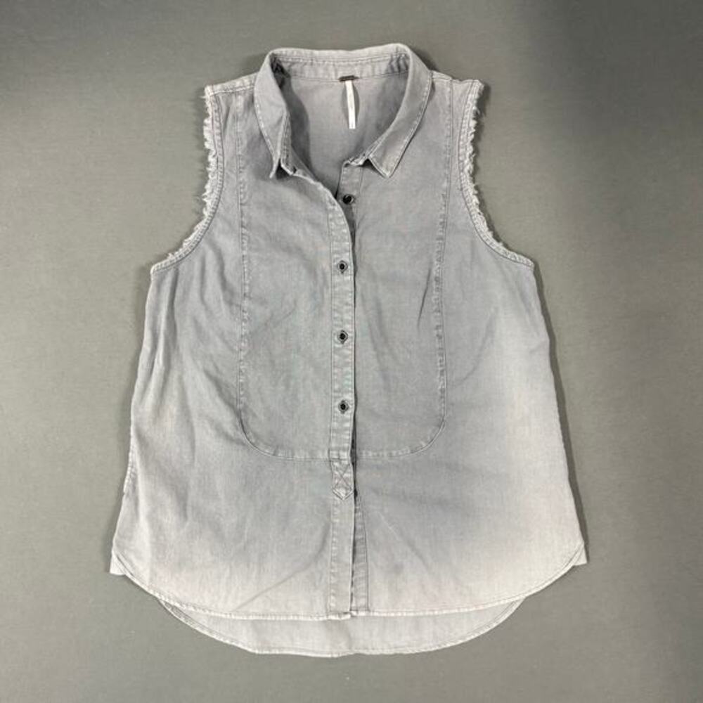 Free People Gray Linen Cotton‎ Sleeveless Button Front Top - Size Small